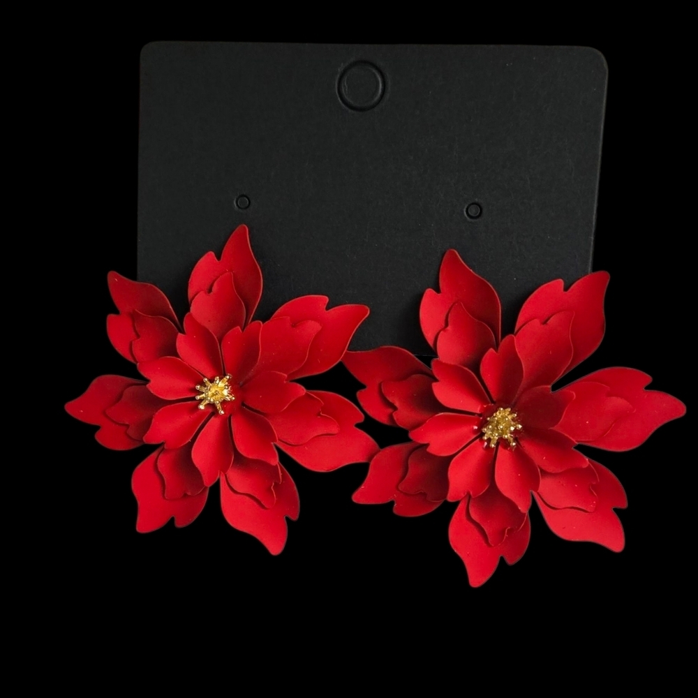 Red Floral Earrings Metal Flower Earrings - Picture 10 of 11